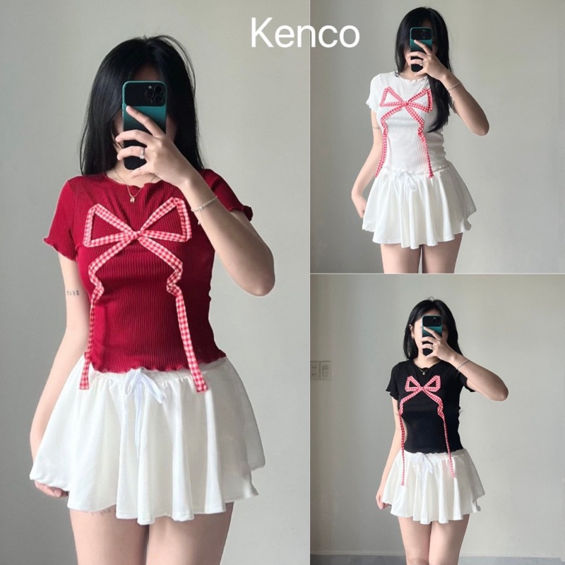 เสื้อยืดผู้หญิงลายตารางหมากรุกโบว์เข้ารูปสําหรับผู้หญิง y2k baby tee เสื้อในทุกสีทําจากยางยืด Kenco