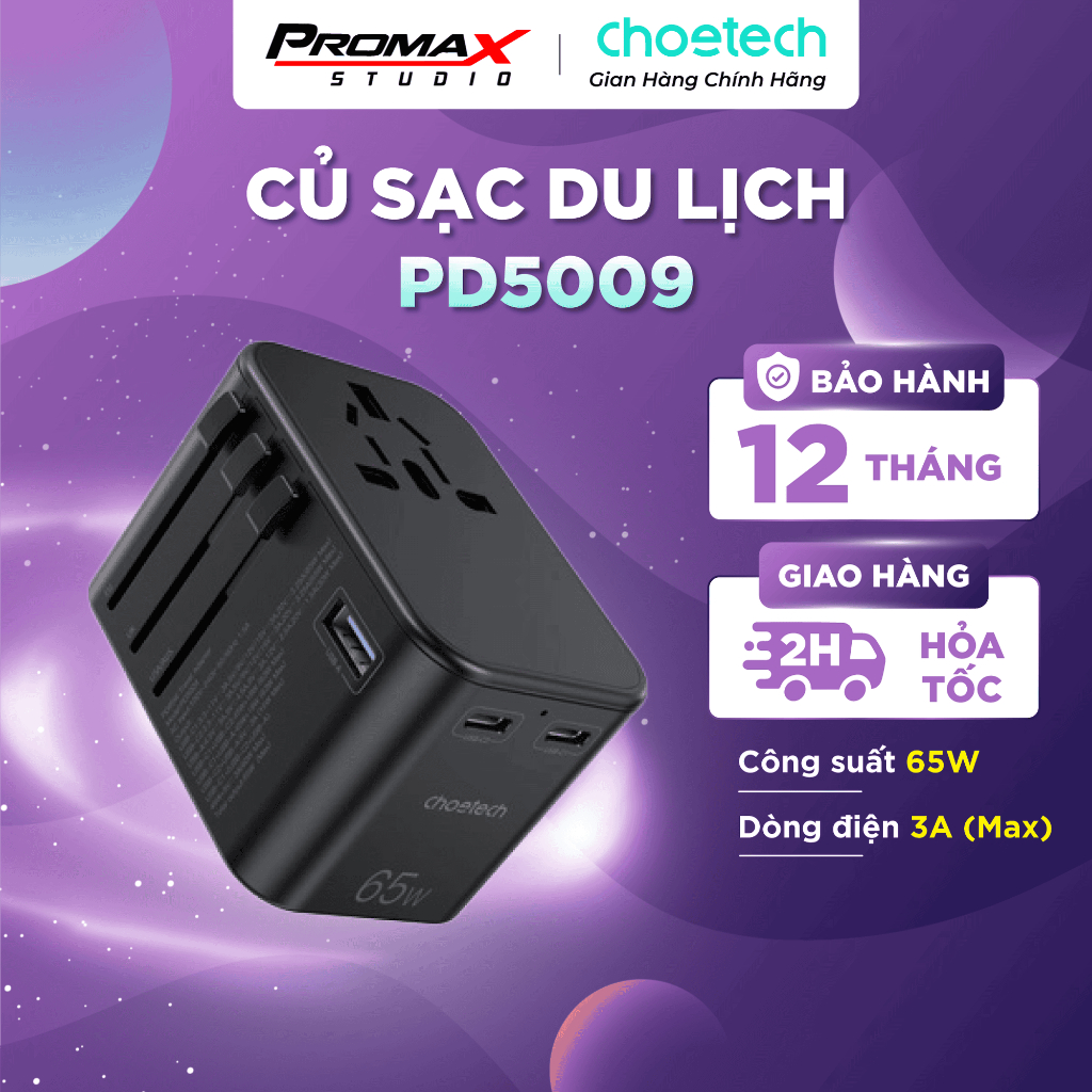 Choetech GaN PD5009 65W travel Charger - PD65W 2C+A Travel Wall Charger
