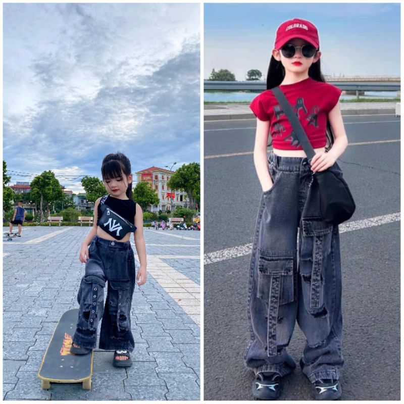 ชุดยีนส์สีดําเด็กผู้หญิง CHAIR-SHAPED เสื้อครอปแขนหอย