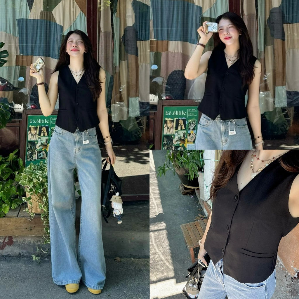 (OLDSCHOOL PHOTO) เสื้อกั๊กผ้าลินินพื้นฐาน 2 ชั้นสําหรับผู้หญิง ทรงปานกลาง