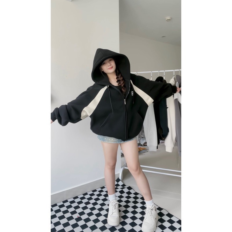 Boxy style Cotton Fleece Zip Jacket with ปัก Belly Bear Unisex - เสื้อฮู้ดทรงหลวมสําหรับผู้ชายและผู้หญิง