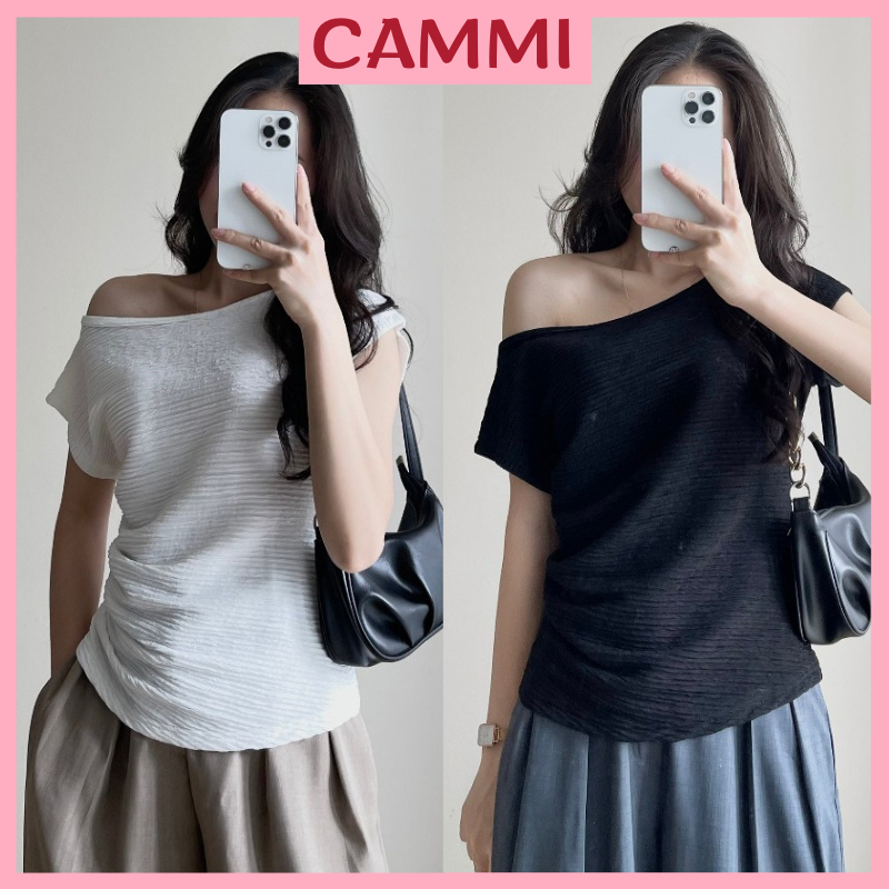เสื้อยืดเปิดไหล่แขนมัสเซลเสื้อยืดเข้ารูปมีสไตล์ผ้าโฟม ฮ่า341