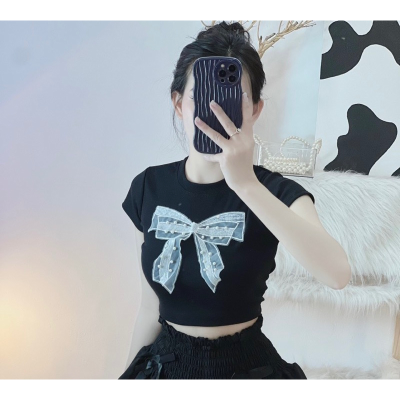 เสื้อเชิ้ต CROPTOP แขนสั้นมีโบว์ตาข่าย UN