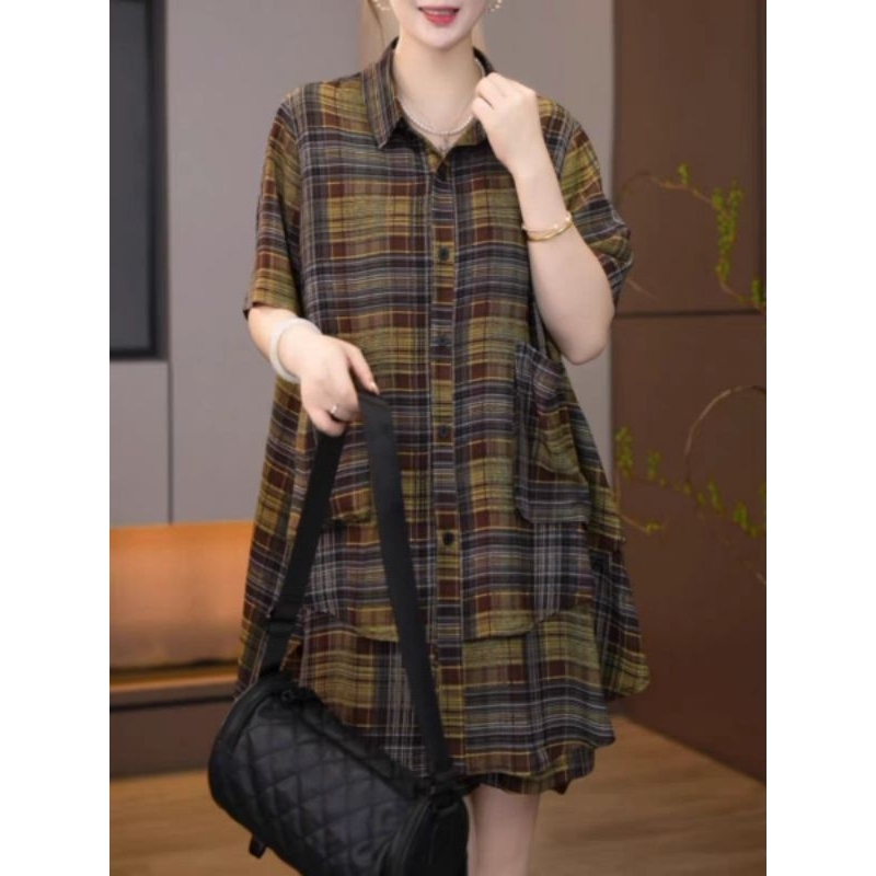 [สีเหลือง ตาหมากรุก] เซ็ตทรงปล่อยมีกระเป๋าและกางเกงขาสั้น เอชทีซี3 (ผ้าไหมมะม่วง)