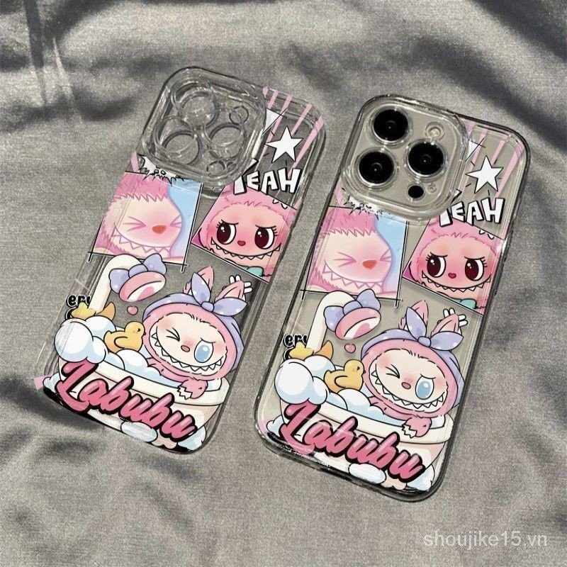 [HOT TREND] เคส iphone โปร่งใสสีชมพูน่ารัก LABUBU กันกระแทกกล้อง ip 15 14 13 12 11 pro plus promax x