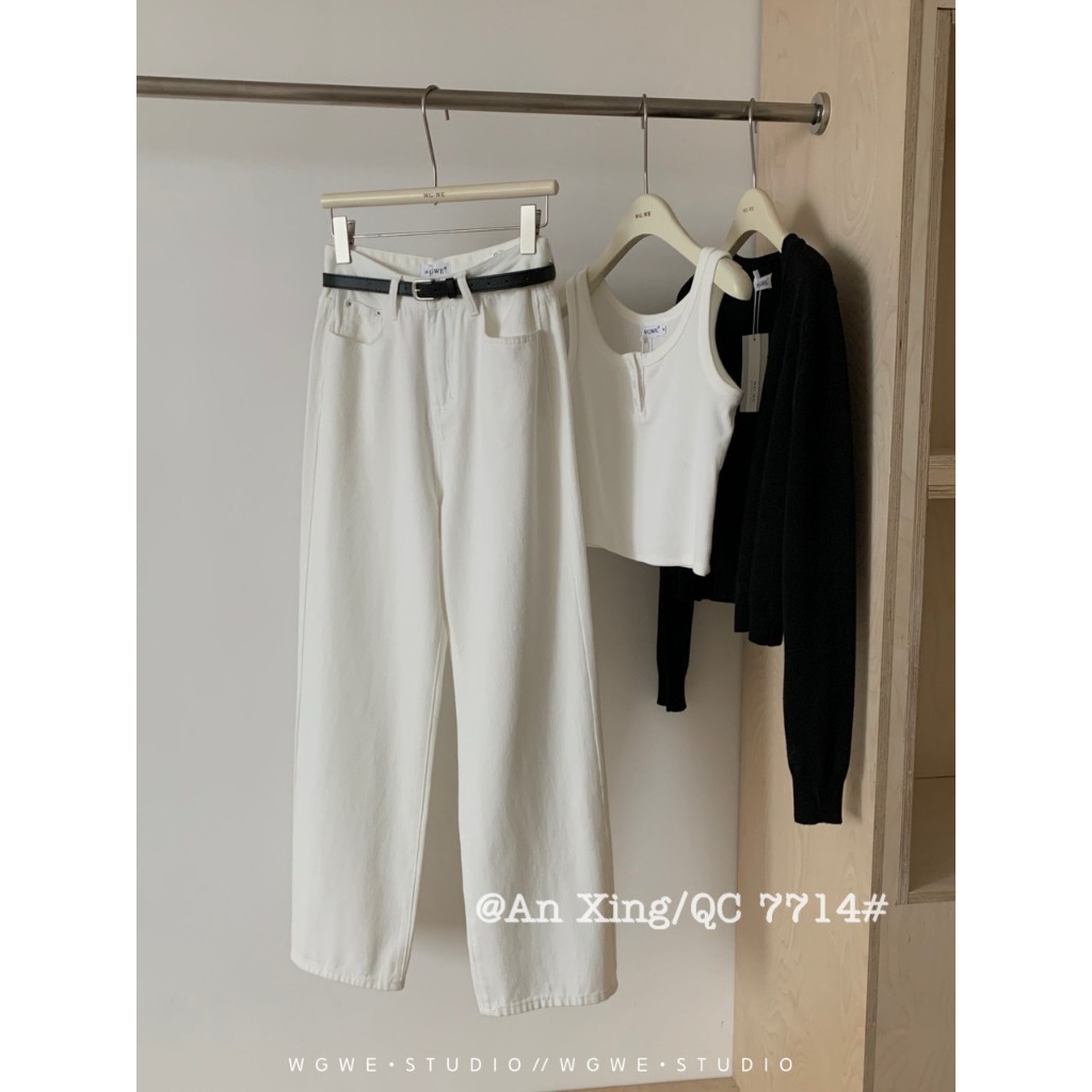 WG.WE กางเกงยีนส์ขากว้างพร้อมเข็มขัด 7714