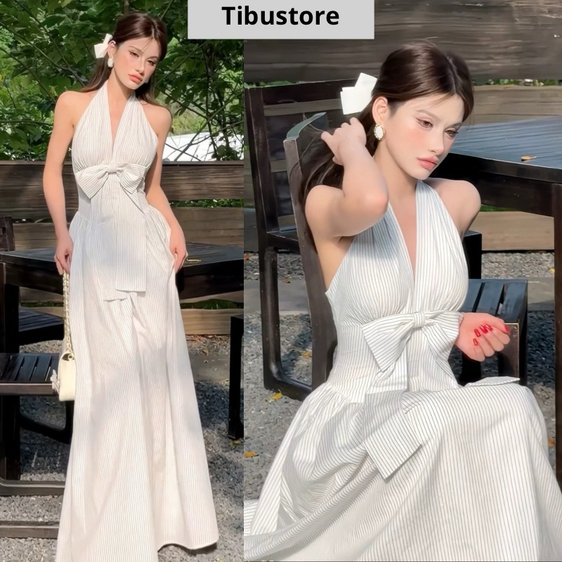 ติบู แมกซี่ ชุดคอปกบานและโบว์ (หลวม) ทิบู ชุดเดรสยาวเปลือยหลังสําหรับผู้หญิงเอวเรียบหรูสําหรับออกไปข้างนอกและปาร์ตี้ดูสวย21