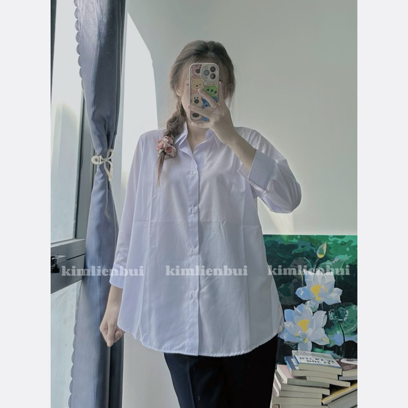 [sm9] เสื้อเชิ้ตแขนยาวสีขาวและสีน้ําเงินปกติ