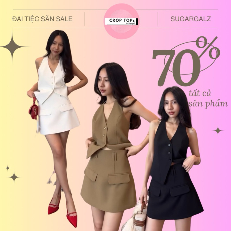Sugargalz เสื้อกั๊กและกระโปรงเอวสูง Set มีกระเป๋า - Croptopshouse SGGz