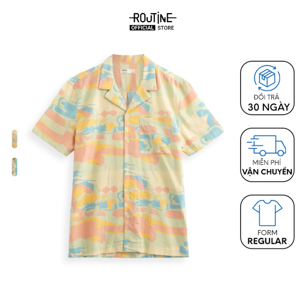 เสื้อเชิ้ตผ้าลินินแขนสั้นผู้ชายคอปกคิวบาพิมพ์ลาย Regular Form - Routine 10S23SHS015
