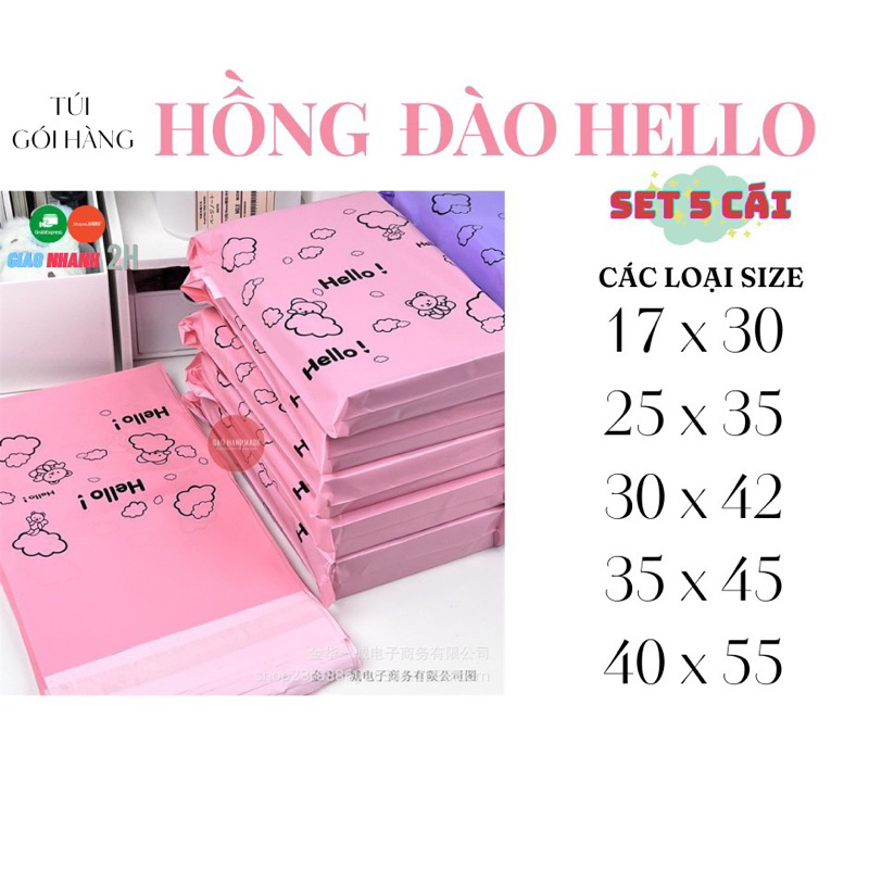 SET 5 ซอง SEALED PACKAGING - พลาสติก PE คุณภาพสูง - สีชมพูพีชพิมพ์ลาย HELLO (2 ด้าน)