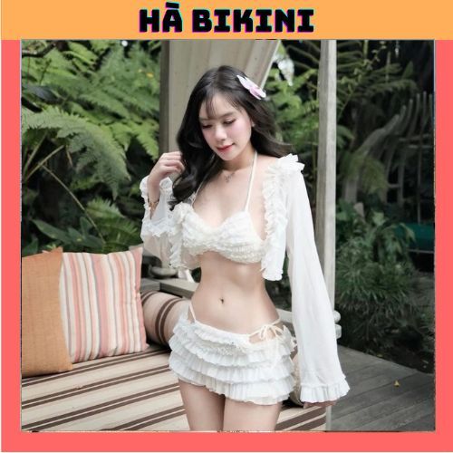 บิกินี่ ชุดว่ายน้ําชายหาด 4 ชิ้น ปักลายดอกไม้ ตาข่ายเลดี้เนื้อนุ่มหรูหรา HA BIKINI HT003