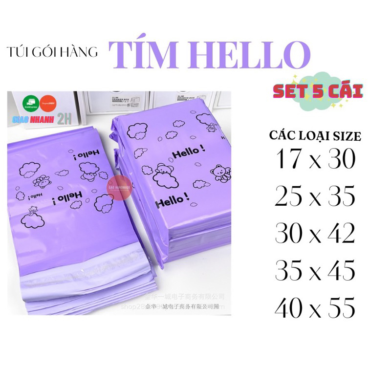 SET 5 ซอง SEALED PACKAGING - พลาสติก PE คุณภาพสูง - สีม่วงพิมพ์ลาย HELLO (2 ด้าน)