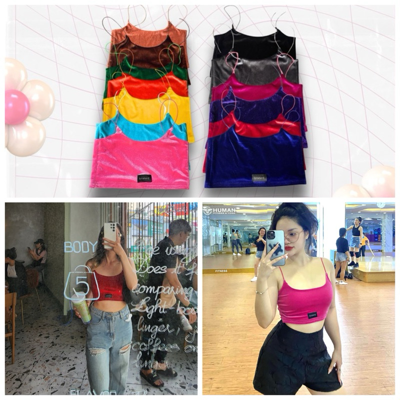 เสื้อครอปกํามะหยี่มีสายหลากสี 2 เส้น ผ้า 2 ชั้น รูด เต้น ทอร์ก เสื้อครอปกํามะหยี่ ปาร์ตี้