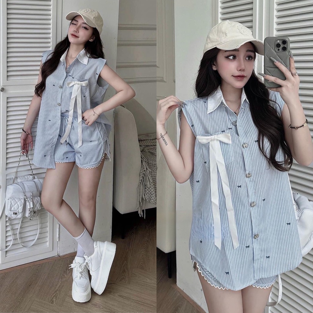 ชุด เสื้อใต้วงแขนโบว์ริบบิ้นลายสก๊อตสีฟ้าพร้อมแผ่นรองไหล่ผสมด้วยกางเกงขาสั้นปักโบว์ลูกไม้น่ารัก (รูปถ่ายจริงบนพื้น) ฮ่าๆ