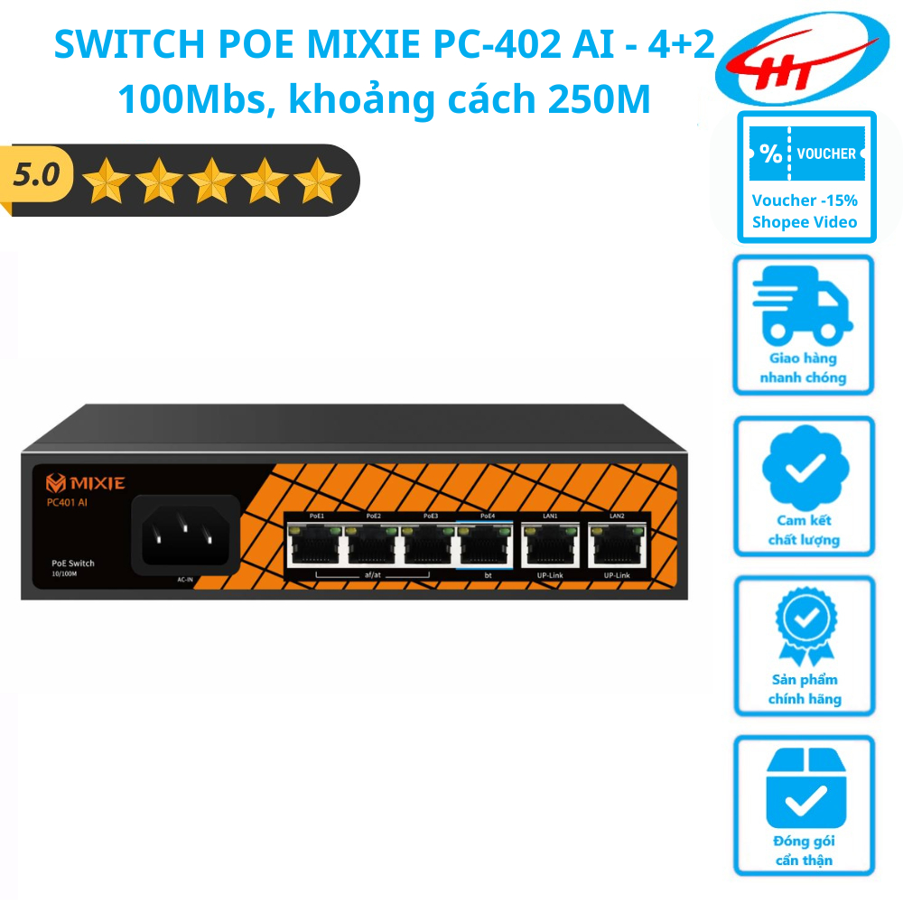 SWITCH POE MIXIE PC-402 AI - 4+2 100Mbs ระยะ 250M เทคโนโลยี Smart Watchdog - ของแท้