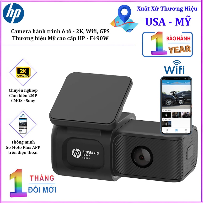 Camera hành trình ô tô độ phân giải 2K, Wifi. Thương hiệu Mỹ cao cấp HP - F490W