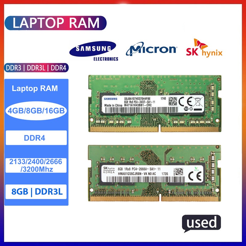 Laptop Ram DDR4/DDR3L 16GB/8GB/4GB, Bus 3200A/2666V/2400T/2133P ของแท้ถอดประกอบ