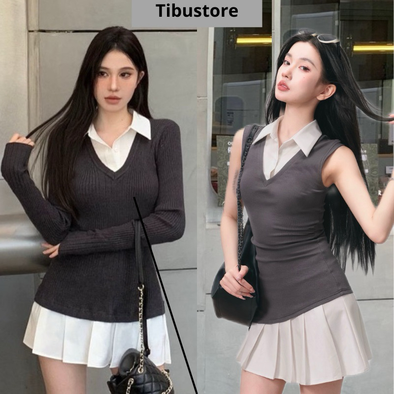 ทิบู เดรสเชิ้ตแขนยาวจับจีบหางชุดบอดี้คอนคอปกแหวกสุด