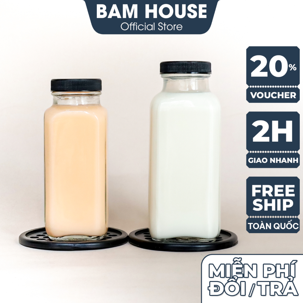 Combo 5 ขวดแก้วสี่เหลี่ยมทรงสูง Bam House ความจุ 250ml, 500ml ฝาพลาสติกสีดําคุณภาพสูง CSV05
