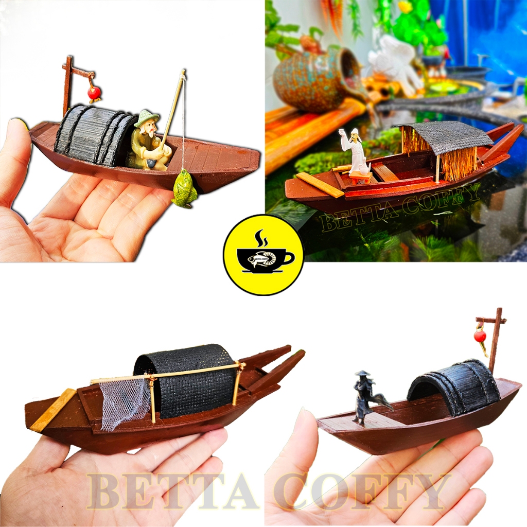 Jiangnan Li Bach Boat Model Floating Wood Resin Fish Tank Decoration, Aquarium - Boat Miniature