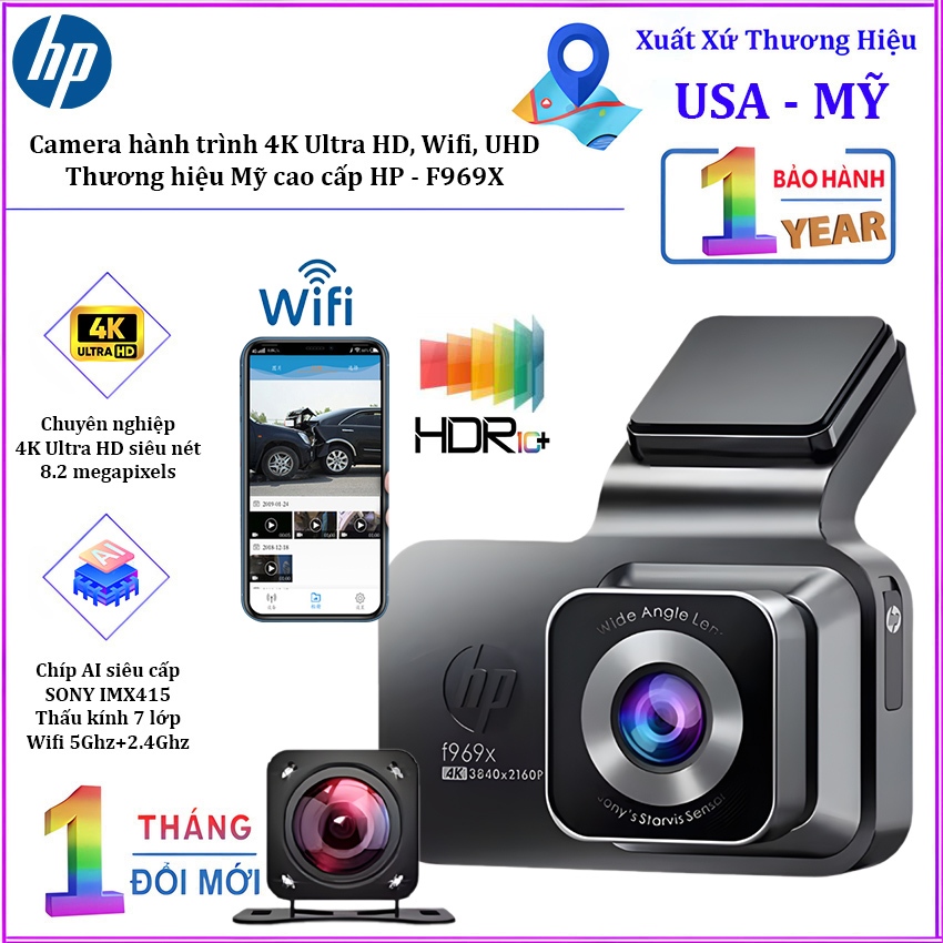 กล้องติดรถยนต์พร้อม Ultra HD, Wifi, ความละเอียด UHD แบรนด์ HP premium American - F969X