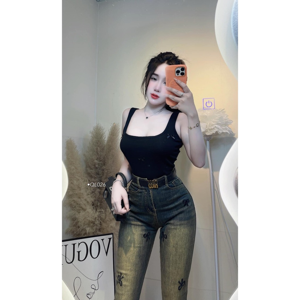 QL026 STRETCH JEANS WITH EMBROIDERED BOW