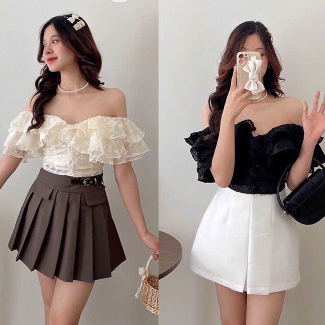 เสื้อลูกไม้เปิดไหล่ผู้หญิงเกาหลี CRT กอดร่างกายเบาๆสําหรับนักเรียน A176