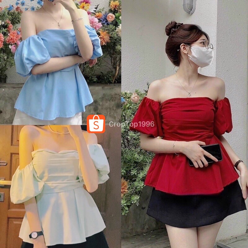 เสื้อปาดไหล่พร้อม FULL SLEEVES - เสื้อเบลาส์ผู้หญิงจีบชีฟอง 2 ชั้น A14