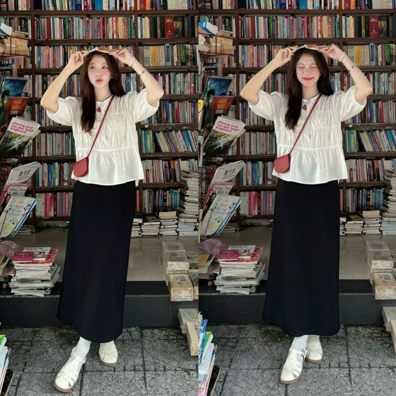 กระโปรงสีดํายาวมิดิผ้ายืดสไตล์เรโทร