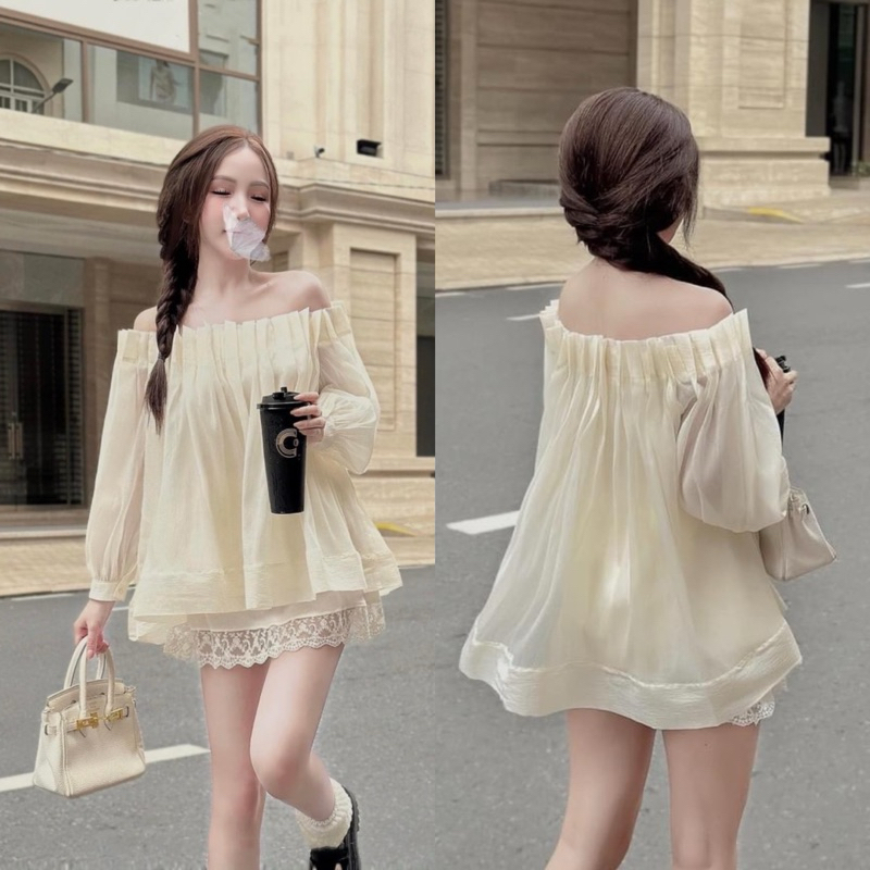 [ส2.947] ชุดเสื้อผ้าไหมเปิดไหล่แขนยาวเลดี้ผสมกระโปรงตัดลูกไม้ 2 ชั้น (กางเกงเอวยางยืด กางเกงซับใน)