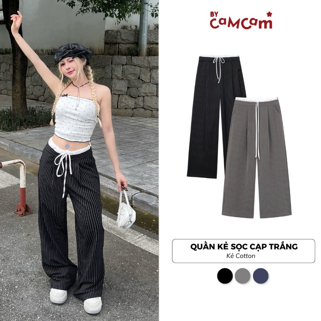 Bycamcam กางเกงลายสก๊อตพร้อมเข็มขัดสีขาวกางเกงขากว้างลาย QTD042