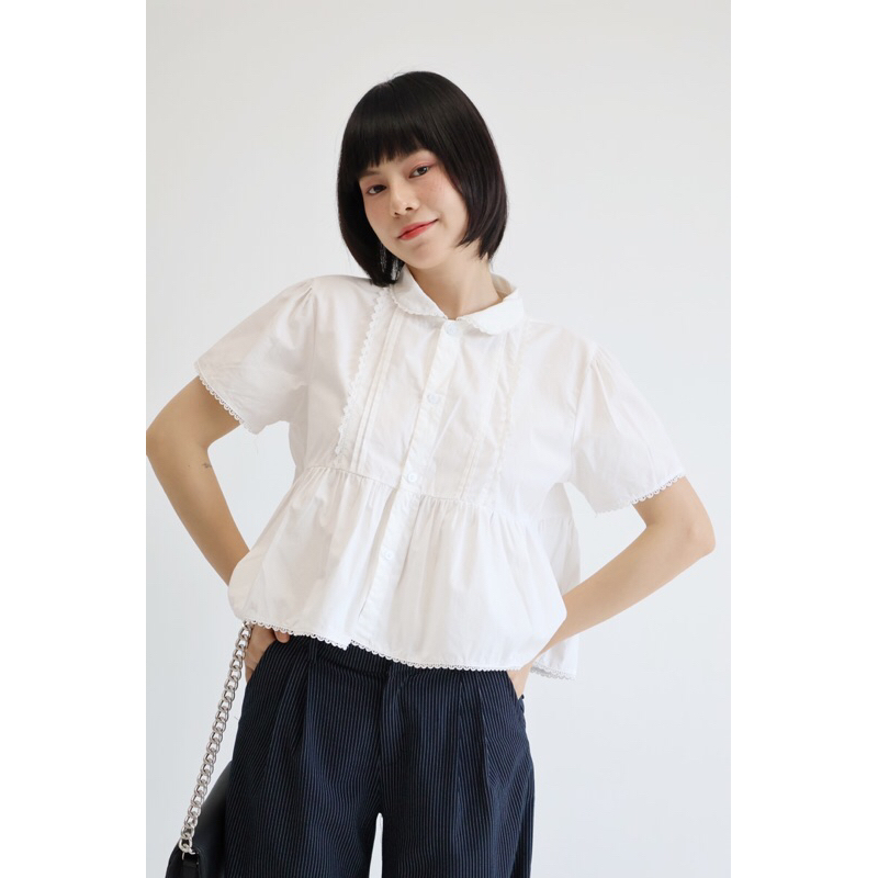เสื้อคอปกบัวลูกไม้สีขาวสําหรับผู้หญิง - สาวอ้วนแสนสวย