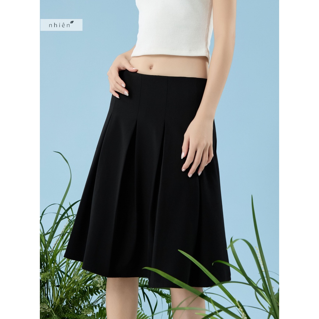 กระโปรงยาวกลางสีดําของผู้หญิงที่ออกแบบโดย Fausta พร้อมจีบ nhienhanhvintage BV147