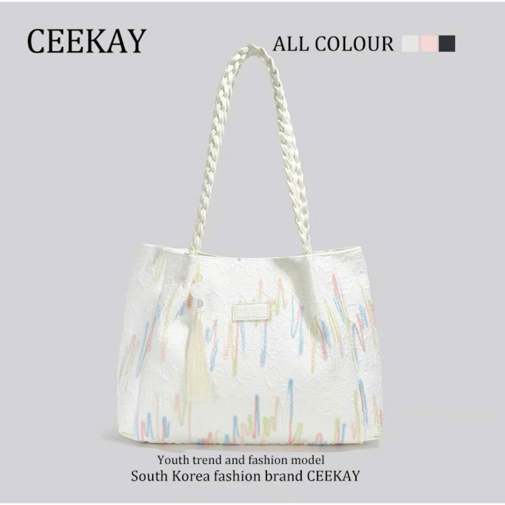 กระเป๋าถือ CeeKay ของแท้ - กระเป๋าสะพาย Tote กว้างทําจากผ้าแคนวาสลายนูนสไตล์ฝรั่งเศสคุณภาพสูงรุ่นใหม