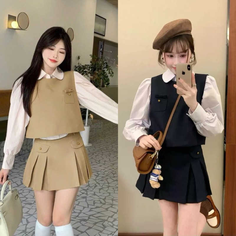 [รายการ3ขนาด]: 3ชิ้นชุดราตรีเสื้อ3สีผสมกิลชุดราตรีผูกโบว์+กระโปรงจีบเทียมกับกระเป๋าซับต้นขา ฮ่าๆ
