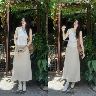 (OLDSCHOOL PHOTO) กระโปรง LINEN ยาว 88 ซม. มีซับใน