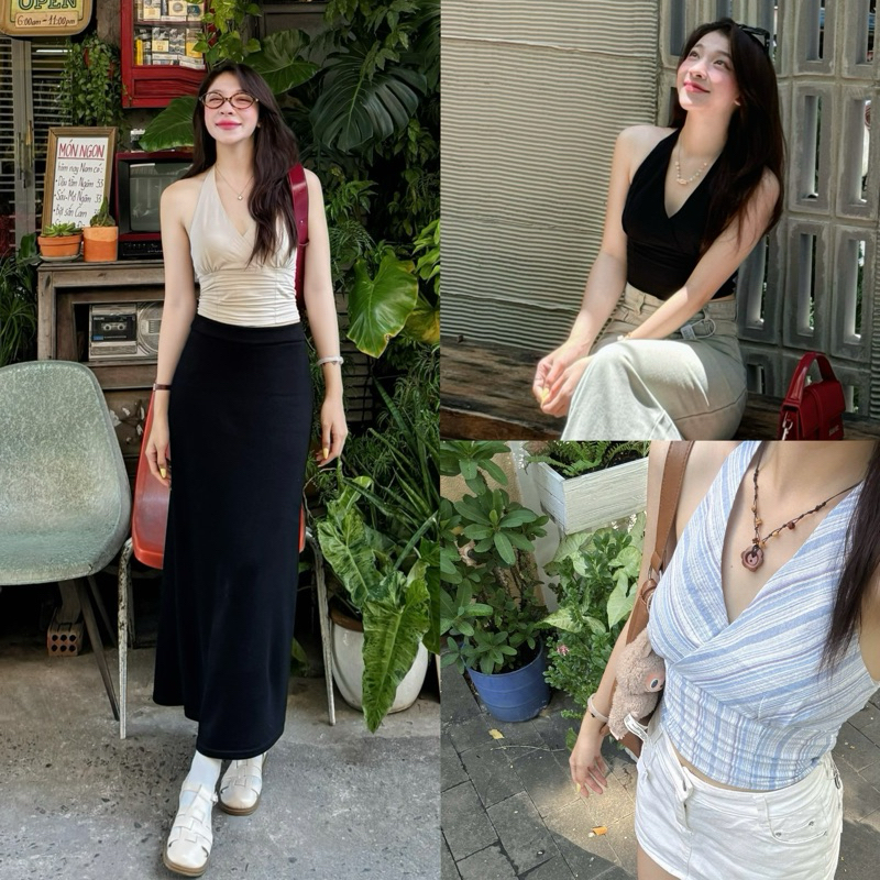 (NO Smoke INCLUDED) เสื้อครอปคล้องคอผ้าลินินขั้นพื้นฐาน