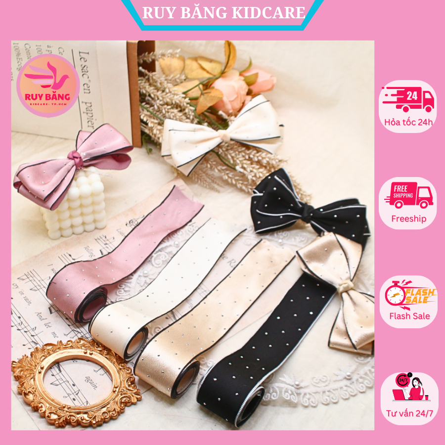 ริบบิ้นผ้าไหม 3.8 ซม. พร้อมหิน ใช้เป็น โบว์ติดผม โบว์ตกแต่ง... [HCM]