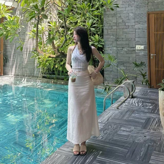 (OLDSCHOOL PHOTO) กระโปรง LINEN ยาว 88 ซม. มีซับใน