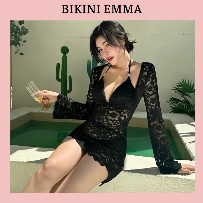 ชุดบิกินี่ 3 ชิ้นลูกไม้นุ่มสไตล์ Emma Feminine ประกอบด้วยบิกินี่ด้านบน + ถุงน่อง + ชุดเดรสลูกไม้แบบนุ่ม