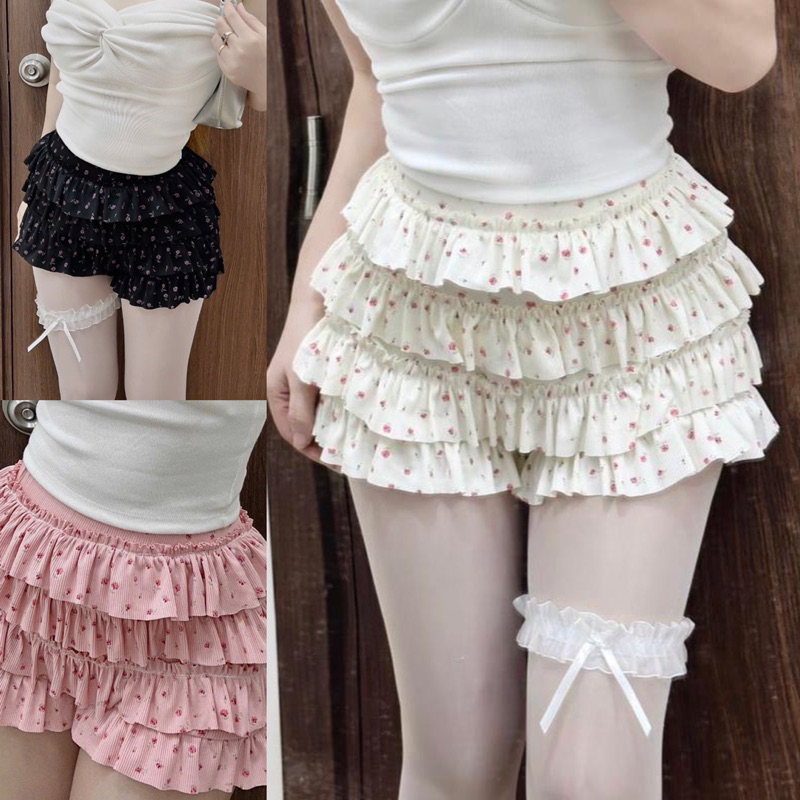 กางเกงกระโปรงจีบสั้น 4 ชั้นเอวยางยืดและลายน่ารักหลายสี ม815