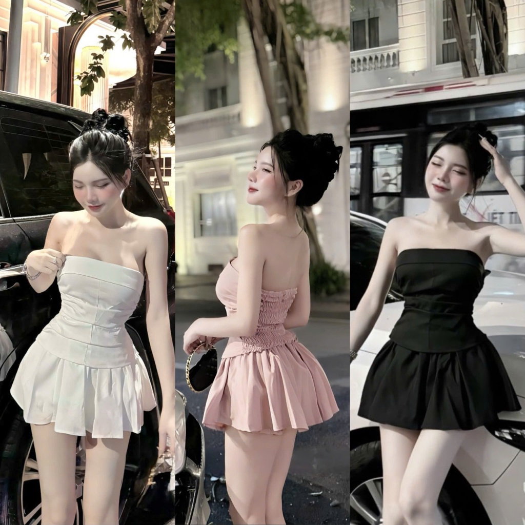 ชุดเดรสผู้หญิง ชุดเซตเสื้อสายเดี่ยวเอวจับจีบหลังม็อก + กระโปรงสั้นจับจีบเอวยางยืดด้านหลังกับกางเกง