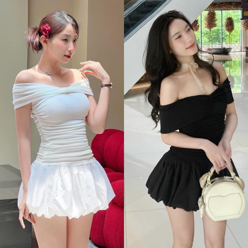 เดรสปาดไหล่ริบบิ้นเอวยัก 2 สีพร้อมขาบูม 2 สีพร้อมกระดาษยางยืดสบาย (รูปถ่ายจริงบนพื้น) ฮ่าๆ