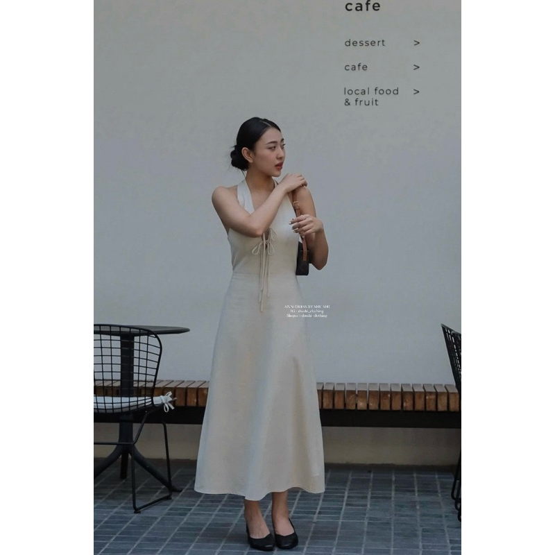 Ann Dress - เดรสสายเดี่ยวผ้าลินินอกเกาะอก (รูปถ่ายเดิม)