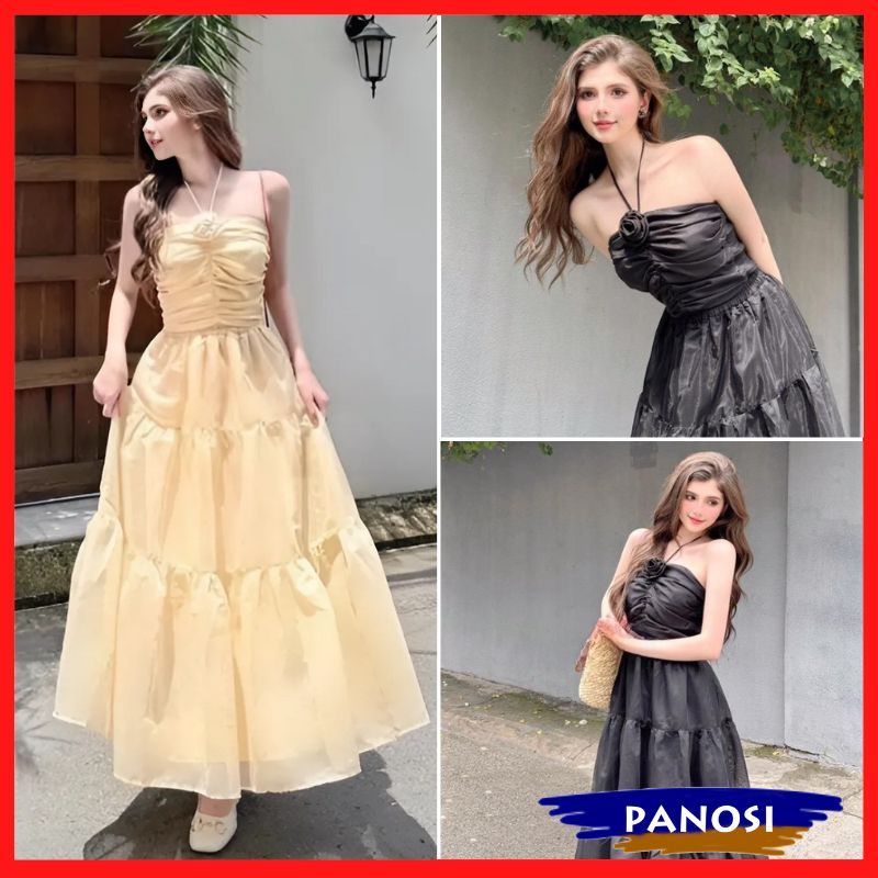 ชุด แม็กซี่เดรสสายเดี่ยวสายเดี่ยวลายดอกและกระโปรงบานยาว2ชั้นสวยๆ ข404 ปัญซือ