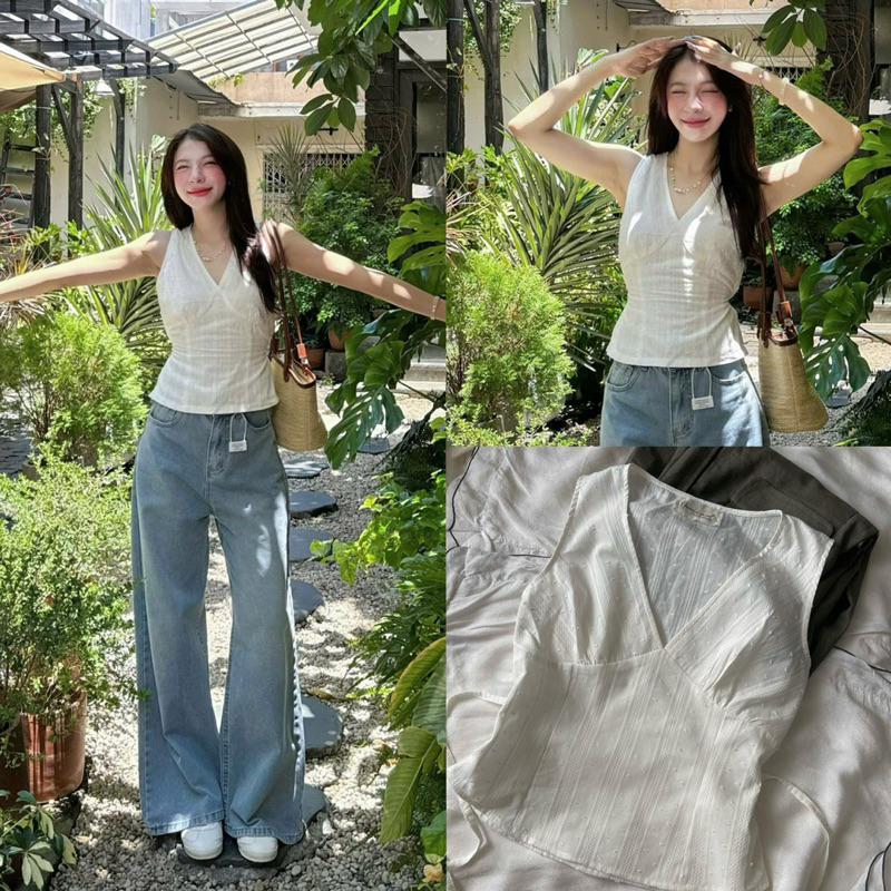 (OLDSCHOOL PHOTO) เสื้อกล้ามลูกไม้คอวีผูกหลัง QC099