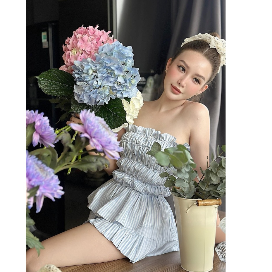 Bare_set เสื้อระบาย 2 ตัว และกางเกงขาสั้น kate ลายทางเท่ๆ สไตล์เกาหลี-SET04