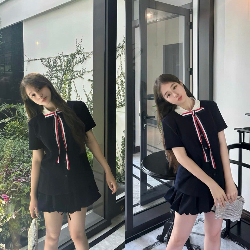 [ส2.949] ชุดเสื้อเชิ้ตปกบัวสีเขียวชาร์โคลพร้อมโบว์หลวม ทีโฮม ผสมกับกางเกงสควอช 2 ชั้น (เสื้อไหล่นวม, กางเกงเอวยางยืด)