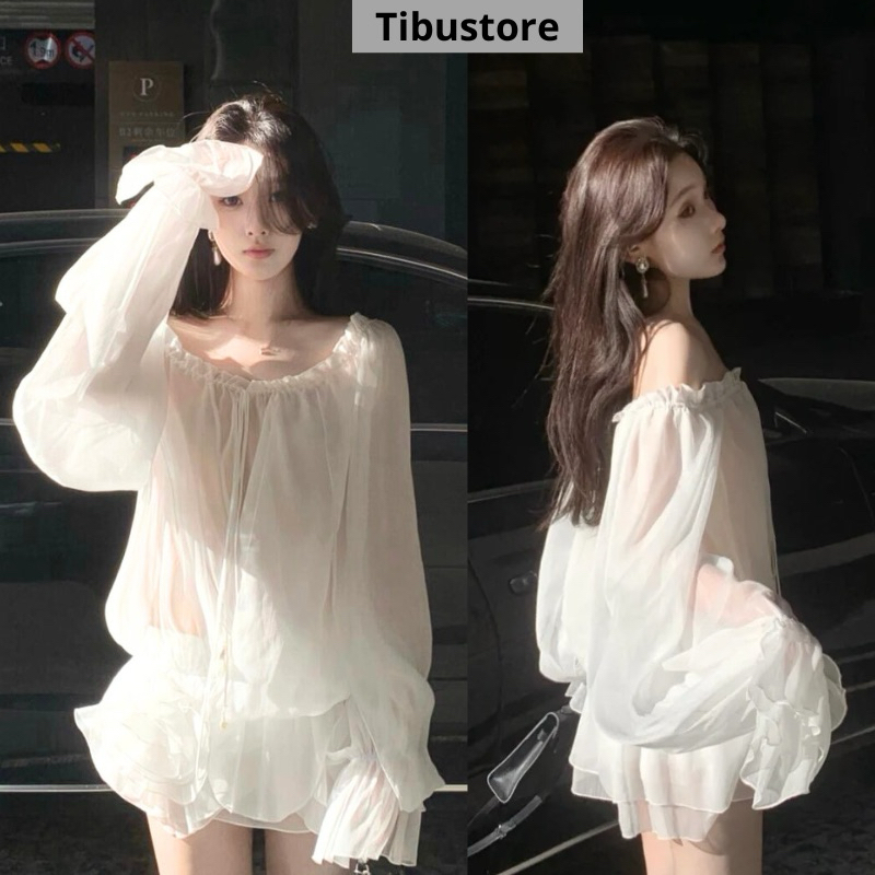 ชุดเดรสเปิดไหล่พร้อมดอกไม้ผ้าชีฟองผ้าไหมปุย TIBU ชุดเดรสผู้หญิงแขนบานหางปลาสําหรับปาร์ตี้ออกนอกบ้าน S28